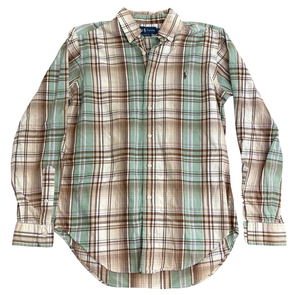 Ralph Lauren Mens Classic Fit Plaid Button Down Shirt Green Brown Small